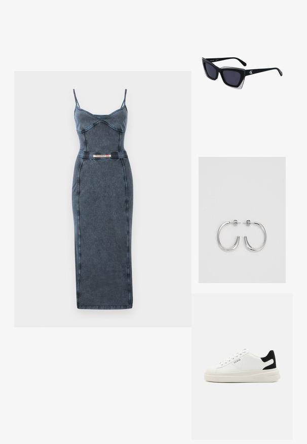 sukienka bodycon z denimu z cienkimi ramiączkami, ciemnoniebieski kolor, dopasowany krój, widoczne przeszycia i metka marki w okolicy talii.; Białe skórzane sneakersy z grubą białą podeszwą, czarnym zamszowym akcentem na pięcie oraz wytłoczonym logotypem z boku. Projekt z sznurówkami i sześcioma dziurkami.; Czarne, oversize okulary przeciwsłoneczne o geometrycznym kształcie, z ciemnymi soczewkami i kontrastującym szarym detalem na oprawie. Logo na ramieniu.; Srebrne kolczyki na biglu o gładkim, błyszczącym wykończeniu. O zaokrąglonym kształcie, lekkim designie, z zamknięciem na zatrzask.