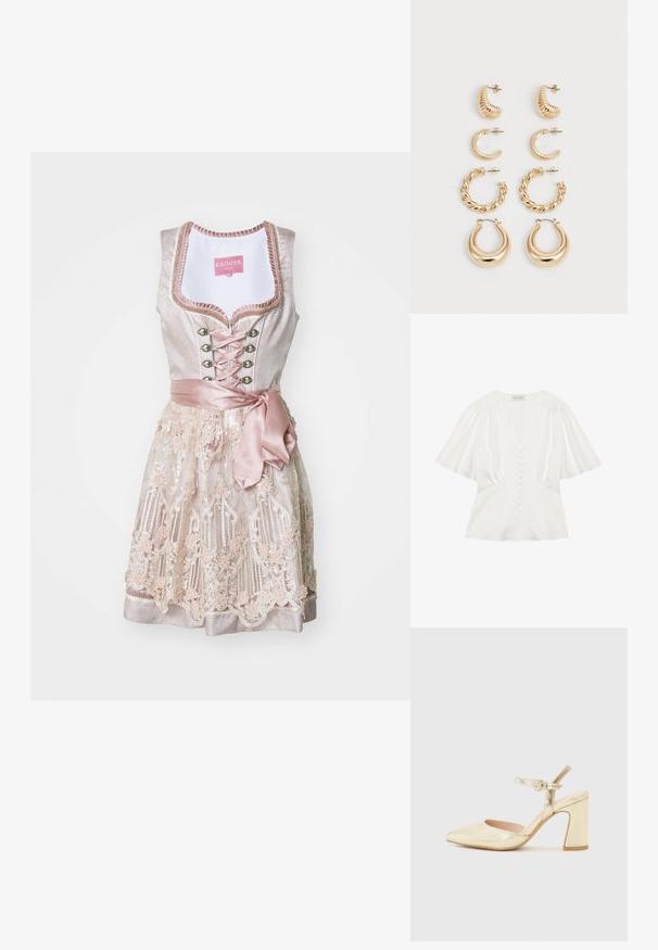 Helles rosa Kleid mit tailliertem Oberteil, schnürbarem Frontbereich und Satinband. Es verfügt über einen schichtweise angeordneten, bestickten Rock mit Blumenmustern.; Weiße Kurzarmbluse mit tiefem V-Ausschnitt, ausgestattet mit einer vorderen Knopfleiste und gerafften Schulterdetails für eine strukturierte Passform.; Goldfarbene, metallic-überzogene, hochhackige Schuhe mit einer spitzen Zehenpartie, einem Knöchelriemen mit einem runden Verschluss und einem klobigen Absatzdesign. Glatte Textur.; Set aus fünf goldenen Ohrringen mit unterschiedlichen Designs: gedrehte, gerillte und glatte Oberflächen in Creolen- und Halbmondformen.