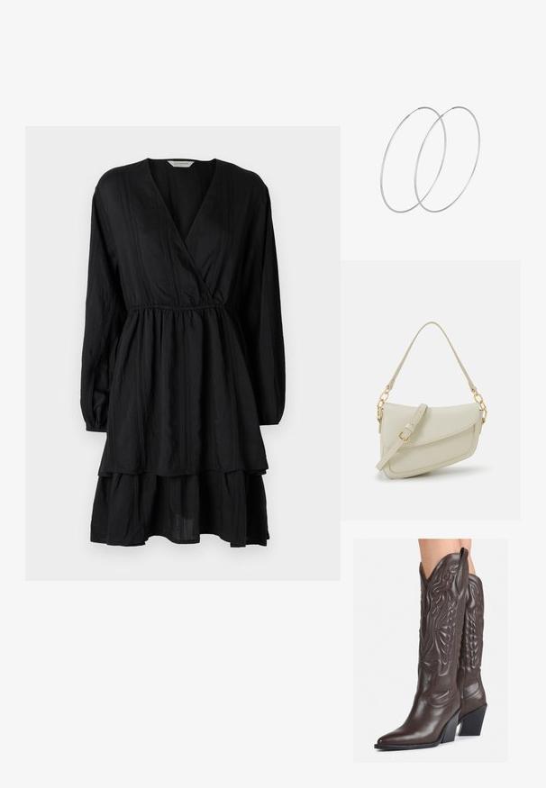 Crna haljina dugih rukava, s V-izrezom i naboranim strukom. Ima višeslojnu suknju i suptilne teksturirane pruge po cijeloj haljini.; Smeđe kožne kauboj čizme s šiljastim vrhom i blok-potpeticom, s detaljno izvezenim šavovima i uzdignutim naglascima na okovu.; Mala krem torbica s teksturiranim finišom, dugačkim podesivim remenom, lančanim detaljem i preklopom. Zlaćani hardver.; Srebrne okrugle naušnice s minimalističkim dizajnom. Kružni oblik, glatka tekstura i tanak profil. Lagane s poliranim završetkom.