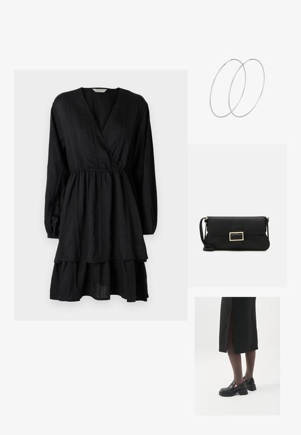 Vestido negro con mangas largas, escote en V y cintura fruncida. Presenta una falda con volantes y sutiles rayas texturizadas en toda la prenda.; Zapatos de piel negra con punta redondeada, tacón grueso y bloque, y acentos elásticos en los laterales, combinados con unos pantys oscuros y una falda negra con una abertura.; Bolso de mano de cuero negro con una solapa y un detalle de hebilla de metal dorado. Incluye una correa negra y un diseño elegante y minimalista.; Pendientes de aro plateados con un diseño minimalista. Forma circular, textura suave y perfil delgado. Livianos con un acabado pulido.