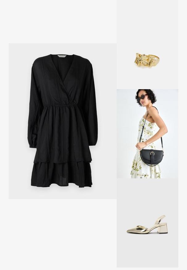 Rochie neagră cu mâneci lungi, decolteu în V și talie strânsă. Prezintă o fustă în straturi și dungi texturate subtile pe tot parcursul.; Pantofi cu toc slingback metalici aurii, cu vârf ascuțit și toc chunky. Textură netedă, design minimalist și o curea subțire.; Geantă din piele neagră, cu o formă curbată, curea detașabilă și accesorii aurii. Geanta are un capac cu un detaliu tip cataramă.; Inel de aur cu un design texturat, ondulat, având trei vârfuri proeminente. Suprafață netedă și strălucitoare, cu un bandaj deschis pentru ajustarea dimensiunii.
