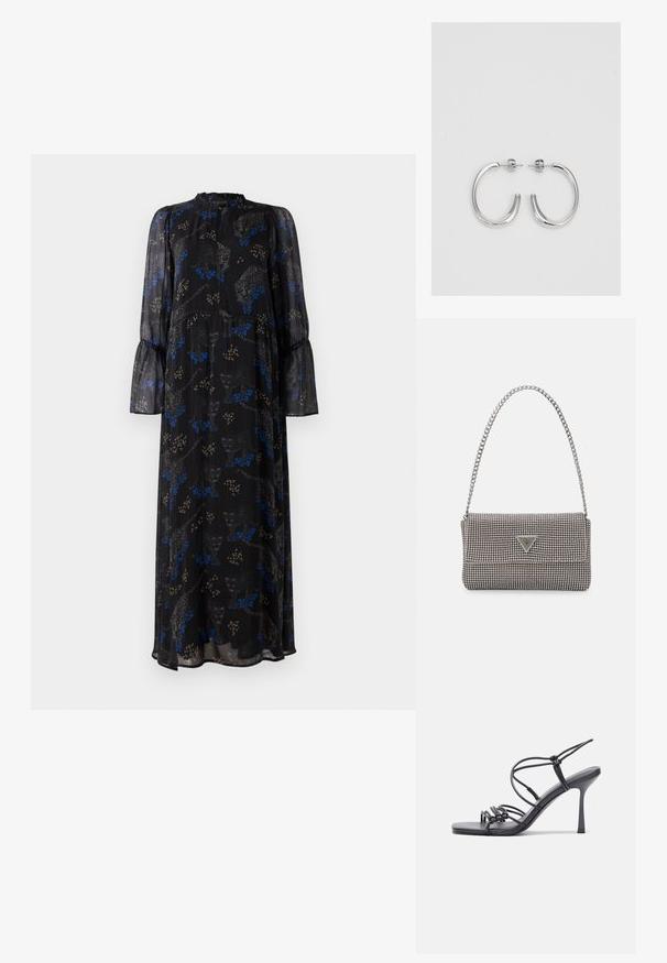 Čierne maxi šaty s dlhými rukávmi, ruffled manžetami, vysokým golierom a modro-bežovým leopardím vzorom.; Čierne sandále na vysokom podpätku majú tenké remienky s uzlovým dizajnom, hladký štvorcový špičku a elegantný stiletto podpätok.; Svetlošedá metalická kabelka s reťazovým popruhom, ozdobená malými kruhovými kovovými štítkami a trojuholníkovým logom značky.; Strieborné kruhové náušnice s hladkým, lesklým povrchom, majú zakrivený tvar a zapínanie na puzetu. Minimalistický dizajn s moderným vzhľadom.