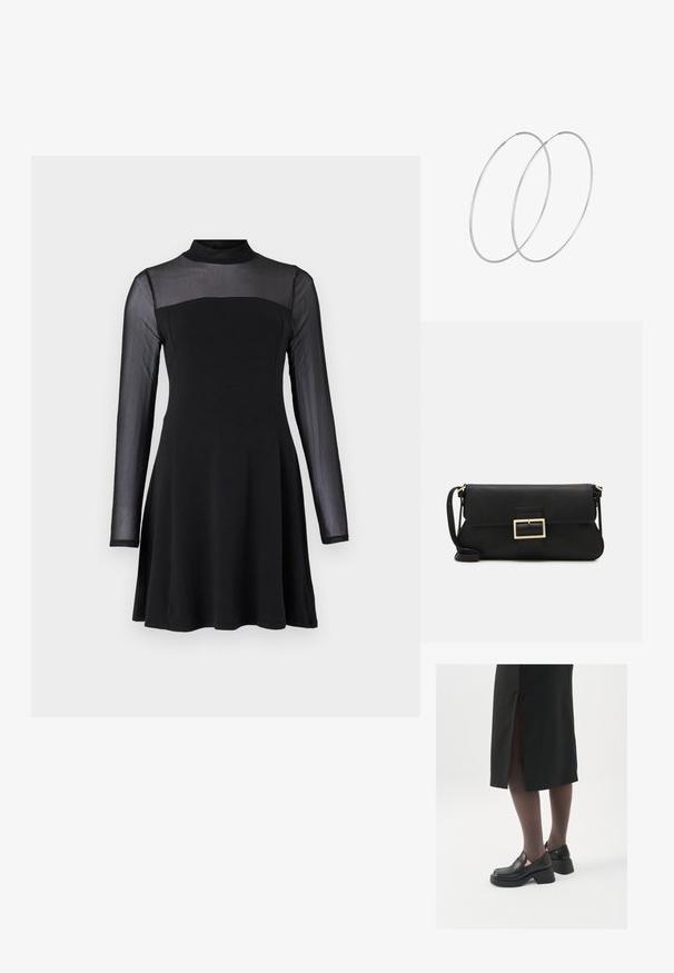 Crna haljina s visokim izrezom, dugim prozirnim rukavima i uskim korzetom koji prelazi u lepršavu suknju. Napravljena od glatkog materijala.; Crne kožne cipele s zaobljenim vrhom, debelim blok petama i elastičnim bočnim detaljima, uparene s tamnim čarapama i crnom suknjom s prorezom.; Crna kožna clutch torbica s preklopom i zlatnim metalnim detaljem kopče. Uključuje crnu trakicu i elegantan, minimalistički dizajn.; Srebrne okrugle naušnice s minimalističkim dizajnom. Kružni oblik, glatka tekstura i tanak profil. Lagane s poliranim završetkom.