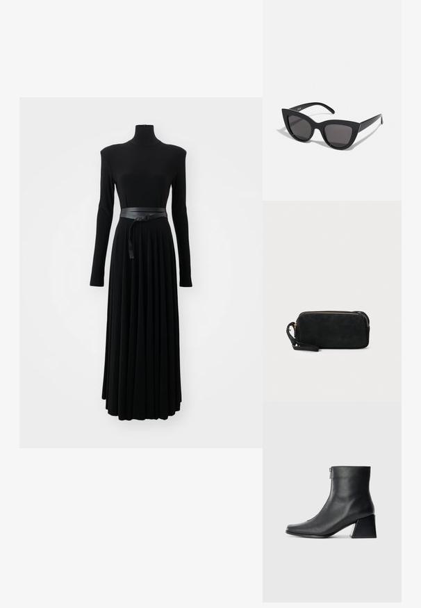 Norma Kamali SHOULDER PAD TURTLE FLARED DRESS TO MIDCALF - Jerseykleid - black; Schwarze Lederstiefelette mit quadrater Zehenform, seitlichem Reißverschluss und Blockabsatz vor einem schlichten hellen Hintergrund.; Schwarze Cat-Eye-Sonnenbrille mit matter Oberfläche, grauen getönten Gläsern, scharfen Kanten und schlanken Bügeln. Der Markenname ist auf dem inneren Bügel sichtbar.; Schwarze Wildleder-Clutch mit einem Reißverschluss und abnehmbarem Handgelenkband. Verfügt über goldfarbene Hardware und eine glatte, matte Oberfläche.