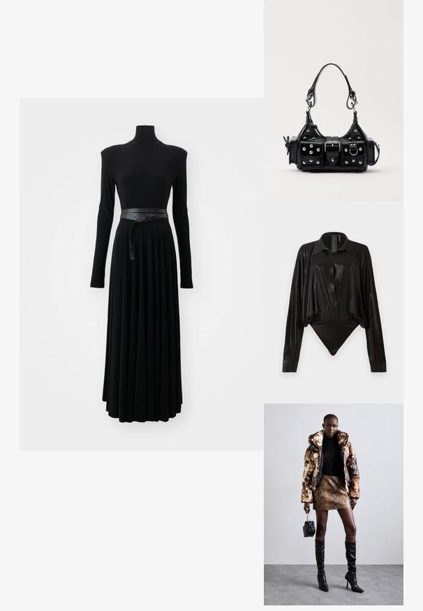 Norma Kamali SHOULDER PAD TURTLE FLARED DRESS TO MIDCALF - Trikoomekko - black; Musta catsuit pitkillä hihoilla, V-pääntiellä ja tiukalla siluetilla. Valmistettu kiiltävästä, sileästä kankaasta, jossa on jämäkkä kaulus ja hihansuut.; Puffer-takki ruskealla ja mustalla kuviolla, yhdistettynä ruskeaan käärmeennahkakuosiseksi mini-hameeseen, mustiin polvimittaisiin saappaisiin ja pieneen mustaan laukkuun.; Musta nahkainen käsilaukku, jossa on kaareva muotoilu, hopeiset niitit, solki ja kaksi sivutaskua. Säädettävä olkahihna erilaisiin kantovaihtoehtoihin.