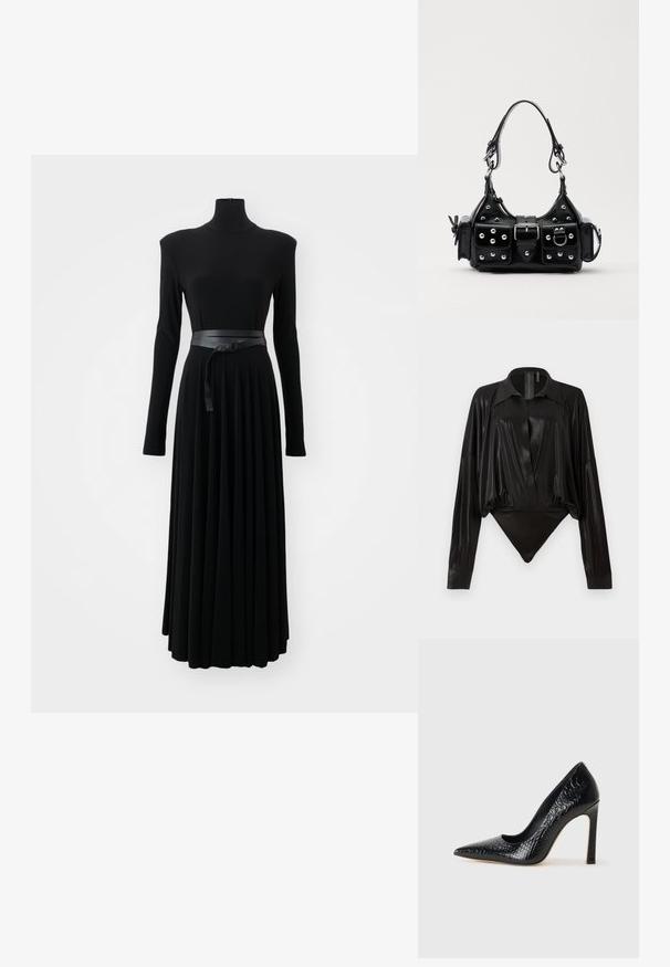 Norma Kamali SHOULDER PAD TURTLE FLARED DRESS TO MIDCALF - Robe en jersey - black; Body noir avec manches longues, décolleté en V et une silhouette ajustée. Fabriqué en tissu lisse et brillant avec un col structuré et des poignets.; Escarpin noir à bout pointu avec texture en cuir de crocodile, présentant un design élégant, un haut talon aiguille et un intérieur noir lisse.; Sac à main en cuir noir au design courbé, avec des clous en argent, une boucle et deux poches latérales. Bandoulière réglable pour différentes options de transport.