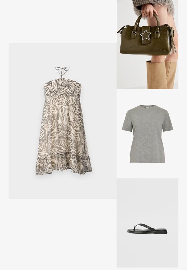 Vestido sem alças feito de tecido leve, com um padrão de zebra em preto e creme com um efeito espiral e uma bainha com babados na parte inferior.; T-shirt de algodão cinzento com gola redonda clássica, mangas curtas e textura suave, adequada para uso casual.; Chinelo preto feito de couro liso, com um design de tira fina e sola baixa com um perfil minimalista. Sem padrões ou acentos notáveis.; Bolsa de mão em pele sintética verde oliva com detalhe de estrela prateada, alças duplas e fecho com zip. Superfície texturizada e forma estruturada.