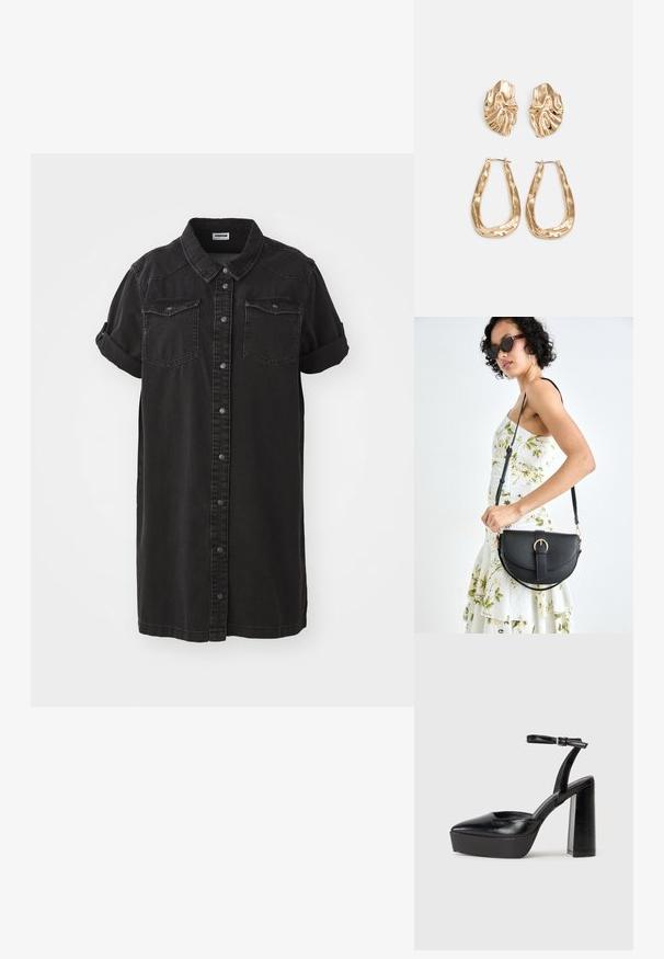 Black denim shirt dress with short rolled sleeves, two chest pockets, button front, and a straight silhouette.; Black platform heels with a pointed toe and adjustable ankle strap. Constructed from smooth leather, featuring a chunky block heel.; Black leather handbag with a curved shape, detachable strap, and gold hardware. The bag features a flap with a buckle detail.; Gold-tone earrings featuring textured, wavy shapes. Includes sculptural clip-on studs and open hoop design with a hammered finish.