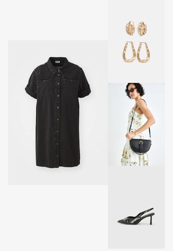 Melna džinsa kleita ar īsām sarullētām piedurknēm, divām krūšu kabatām, pogu priekšpusi un taisnu siluetu.; Melnā patentēta ādas sandale ar norādītu purngalu, potītes siksniņām ar sudraba sprādzēm un aparatūru, kā arī smalku papēdi.; Melnas ādas rokassoma ar izliekta formu, noņemamu siksnu un zelta aksesuāriem. Somai ir vāciņš ar sprādzes detaļu.; Zelta krāsas auskari ar teksturētām, viļņotām formām. Iekļauts skulpturāls piespraužams modelis un atvērta gredzenveida konstrukcija ar izsistām virsmām.