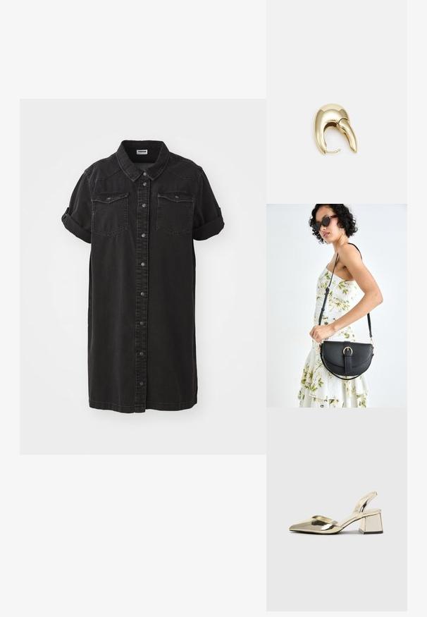 Svart denimkjole med korte, rullede ermer, to brystlommer, knappelukking foran og rett silhuett.; Gull, metallisk slingback-hæler med spiss tå og chunky hæl. Glatt tekstur, minimalistisk design og en smal stropp.; Svart lærveske med en buet form, avtagbar stropp og gullbeslag. Vesken har et klaff med spenne-detall.; Gullfarget metalløredobber med et elegant, buet design. Har en karakteristisk spiss form, polert overflate og hengsel-lukking.