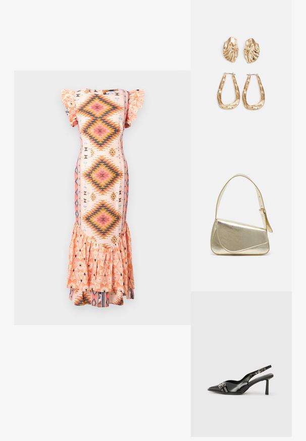 Patroon midi-jurk in pastelroze met gerimpelde korte mouwen, ruitvormige ontwerpen in oranje en blauw, en een uitlopende gerimpelde zoom.; Zwarte gepolijste leren slingback schoenen met een puntige neus, enkelbandjes met zilveren gespen en hardware, en een slanke hak.; Gouden metallic handtas met een gestructureerd ontwerp, gladde textuur en verstelbare schouderband. Kenmerkt zich door een unieke driehoekige vorm en minimalistische stiksels.; Gouden oorbellen met een getextureerd, golvend ontwerp. Bevat sculpturale clip-on studs en een open ringontwerp met een gehamerd oppervlak.