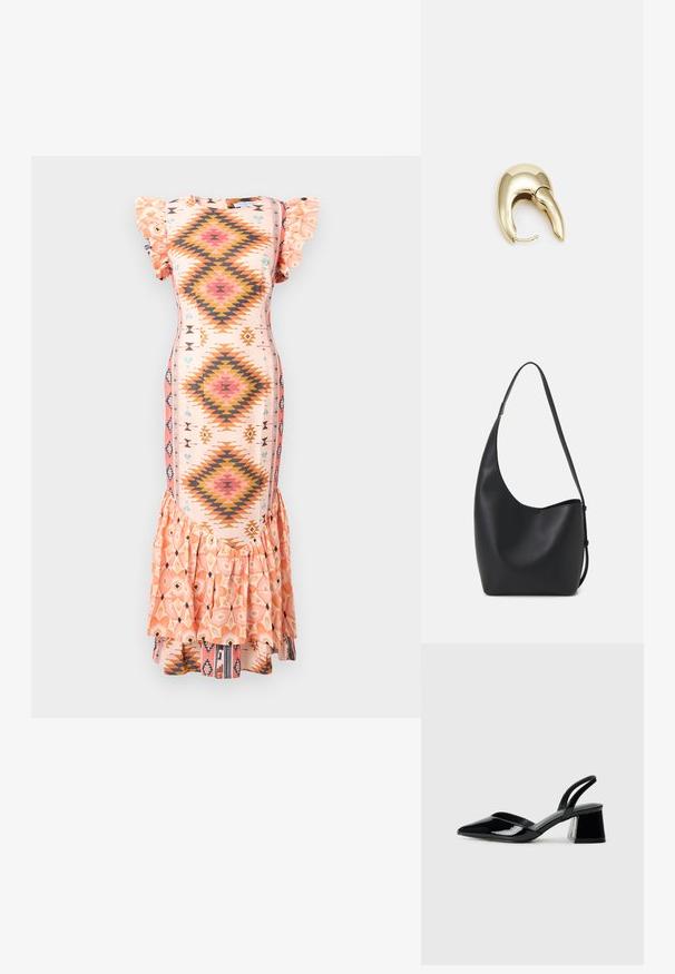 Modeliuotas midi suknelė pastelinės rožinės spalvos su raižytomis trumpomis rankovėmis, deimanto formos raštais oranžinės ir mėlynos spalvos, bei plačiu raukšlėtu apvadu.; Juodos lakuotos odinės šlepetės su smailiu pirštu ir geometriniu bloko kulnu. Turi elegantišką, minimalistinį dizainą ir lygų paviršių.; Juodas odinis hobo maišas su lygiu paviršiumi, kreipta forma ir viena reguliuojama rankena; turi platų atidarymą viršuje.; Aukso tono metalinės auskarai su stilingu, kreiviu dizainu. Išsiskiria ryškiu smailiu pavidalu, poliruota paviršiumi ir užsegimu su vyriu.