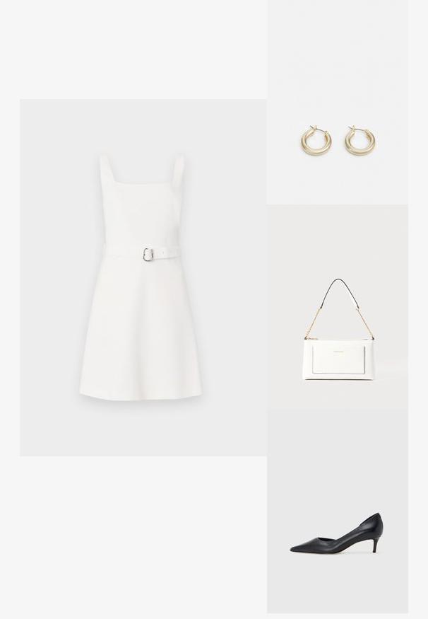 Hvit ermeløs kjole med firkantet hals, tettsittende liv, utsvingt skjørt og et matchende belte med en sølvspenne. Enkel, glatt stoff.; Sort lærpumps med spiss tupp og lav hæl. Har en jevn tekstur og subtil glans. Åpen utskjæring foran for ekstra detalj.; Hvit lærveske med teksturert overflate, utstyrt med gullkjede for å bære over skulderen og svarte detaljer. Inkluderer en frontlomme og glidelås.; Lauren Ralph Lauren BASIC SMALL HOOP - Øredobber - gold-coloured