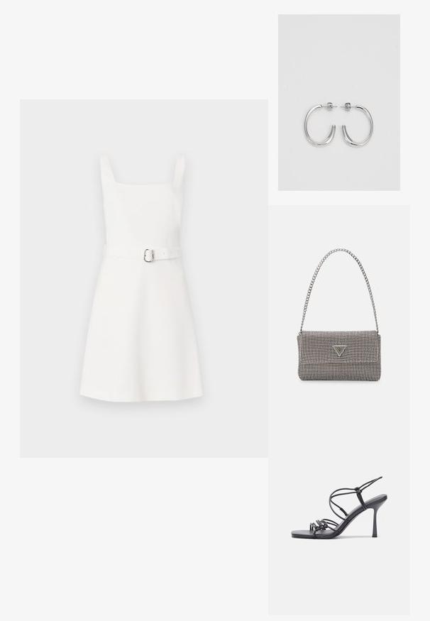 Rochie albă fără mâneci, cu decolteu pătrat, bust ajustat, fustă evazată și o curea asortată cu o cataramă argintie. Material simplu, neted.; Sandale negre cu toc înalt au curele subțiri cu un design legat, un vârf pătrat neted și un toc stiletto elegant.; Geantă metalică gri deschis, cu un strap din lanț, decorată cu mici ținte circulare metalice și un logo de marcă triangular.; Cercei rotunzi din argint cu un finisaj neted și strălucitor. Design ușor, având o formă rotundă și închidere cu tijă.