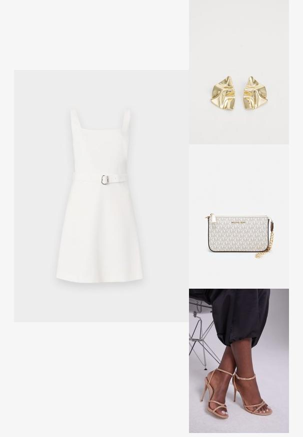 Fehér ujjatlan ruha, négyzet alakú nyakkivágással, testhez simuló felsőrésszel, bővülő szoknyával, és egy ezüst csattal díszített, hozzá illő övvel. Egyszerű, sima anyag.; Beige színű, kristályokkal díszített magassarkú szandál, nyitott orral, vékony pántokkal és karcsú sziluettal.; Michael Kors bézs bevonatos vászon karkötő, amely ismétlődő MK logó mintával, aranyszínű fémrészletekkel és levehető lánchordóval rendelkezik.; Arany fém fülbevalók hullámos mintával; sima, fényes felület; aszimmetrikus forma; látható minták vagy szerelvények nélkül.