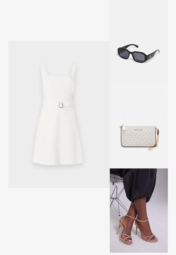 Hvit ermeløs kjole med firkantet hals, tettsittende liv, utsvingt skjørt og et matchende belte med en sølvspenne. Enkel, glatt stoff.; Beige hæl sandaler med krystalmotiver, med åben tå, tynde remme og en slank silhuet.; Svarte solbriller med åttekantet ramme, mørke linser, glatt plastmateriale og en sølvfarget logoakcent på den ene siden.; Michael Kors håndleddsveske i beige belagt kanvas med et gjentakende MK-logo mønster, gullfarget maskinvare og en avtakbar kjede-rem.; Gullmetalliske øredobber med bølgete design; glatt, reflekterende overflate; asymmetrisk form; ingen synlige mønstre eller hardware.