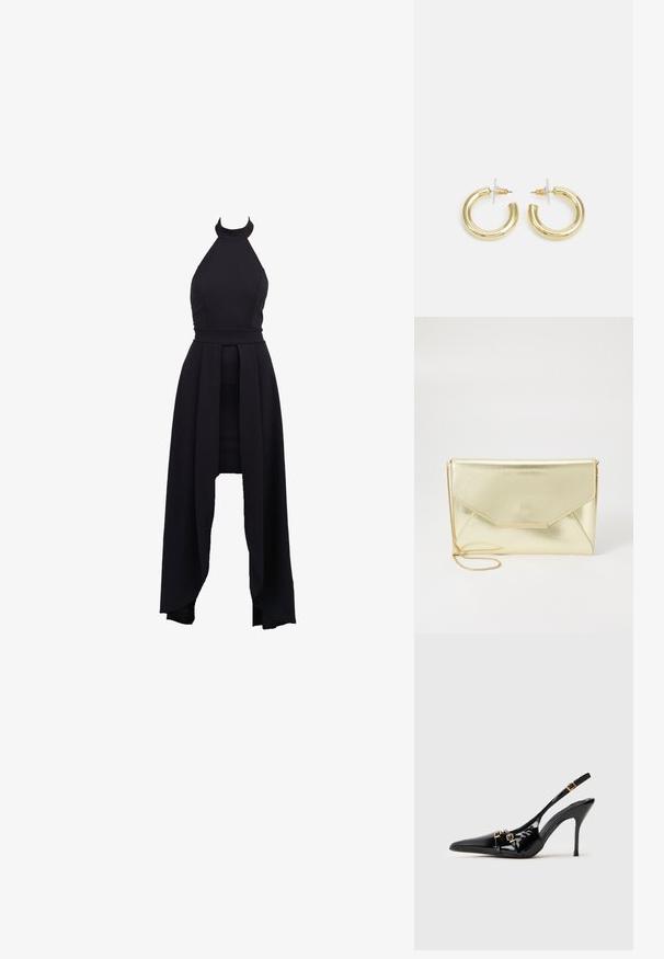 Juodas halterio suknelis su prigludusia liemenėle, aukštu kaklu ir tekantiems sijonui su asimetrišku kraštu. Pagamintas iš lygaus, elastingo audinio.; Juodas patentuotas odinis aukštakulnis slingback batelis su smailiais pirštais, auksiniais atributais ir elegantišku dizainu.; Auksinės metalinės rankinės su užsegimu, lygia tekstūra ir nuimama grandinėle. Priekyje yra stačiakampis aukso akcentas.; Aukso auskarai su lygiu, blizgiu paviršiumi. Apvalus dizainas su maža užrakto dalimi ir skaidria atrama saugiam nešiojimui.