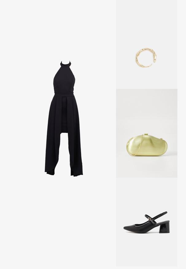 MustHave black halterkleit, mille on tihe kleitumine, kõrge kaelus ja voolav seelikuosa, millel on asümmeetriline äär. Valmistatud siledast ja venivast kangast.; Mustad läikivad nahast slingback-kõrged kontsad, millel on terav nina, ümar lõikekujundus ja blokknina. Omab kuldset nupu aktsenti.; Metallist kuldne klamberkott, millel on ümar, piklik kuju, aasaga kott ning klambriga sulgemine. Sile, peegeldav pind.; Kuldtoonis sõrmus, millel on orgaaniline, keerdunud disain sileda tekstuuri ja kitsenevate otstega, luues kaasaegse skulptuurilise välimuse.