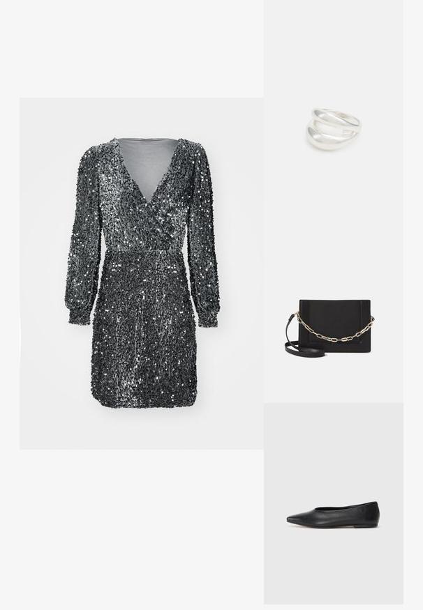 Pelēks spīdīgs kleitas izvēle ar garām piedurknēm, V-veida izgriezumu un pieguļošu jostasvietu. Audums ir teksturēts un klāts ar atstarojošām spīdīgām pērļu daļiņām, radot mirdzošu efektu.; Melna ādas baleta kurpe, ar norādītu purngalu, minimālisma dizains, gluda tekstūra, zema papēža augstums, bez redzamiem aksesuāriem vai rotājumiem.; Melna ādas crossbody soma ar gludu faktūru, taisnstūrveida formu un metalizētu ķēdes detaļu priekšā. Iekļauta regulējama siksna.; Sudraba divu joslu gredzens ar gludu, pulētu virsmu. Iezīmējas ar plūstošu, izliekta dizaina struktūru ar pārklājošām sekcijām modernam izskatam.