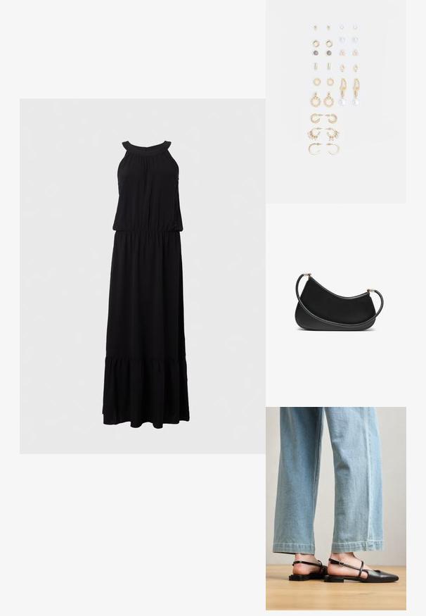 Svart maxi-kjole med ermeløs design, rynket byste og lagdelt volangkant. Laget av myk, lett stoff.; Sorte lærrem sko med spiss tå, flat hæl og ankelrem; brukt med lyseblå vide jeans.; Svart lær skulderveske med en buet design, med en teksturert stropp og gullfarget hardware på toppen av lukningen. Glatt finish.; Sett med gullfargede øredobber med ulike design, inkludert stikkere, hoops og hengende deler med perler og rhinestones.