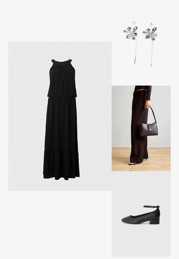 Vestido maxi preto com um design sem mangas, corpete franzido e barra em camadas com babados. Feito de um tecido leve e suave.; Sandal de pele preta com bico pontiagudo e um salto bloco baixo. Apresenta uma tira no tornozelo com uma fivela em tom dourado. Textura suave.; Bolsa preta com forma estruturada, textura suave e um fecho metálico. Combinada com calças largas pretas e sandálias de salto aberto sobre um chão de madeira.; Brincos em forma de flor prateados com um acabamento texturizado, apresentando ganchos longos e detalhes semelhantes a pétalas para um design intrincado.
