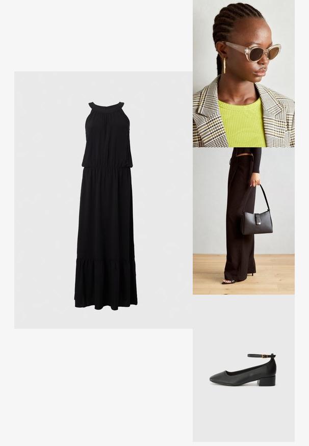 Vestido maxi preto com um design sem mangas, corpete franzido e barra em camadas com babados. Feito de um tecido leve e suave.; Sandal de pele preta com bico pontiagudo e um salto bloco baixo. Apresenta uma tira no tornozelo com uma fivela em tom dourado. Textura suave.; Óculos de sol estilo cat-eye claros com lentes castanhas e armação transparente. Modelo a usar uma blusa verde com nervuras e um blazer de tecido xadrez. Brincos em forma de argola dourados.; Bolsa preta com forma estruturada, textura suave e um fecho metálico. Combinada com calças largas pretas e sandálias de salto aberto sobre um chão de madeira.