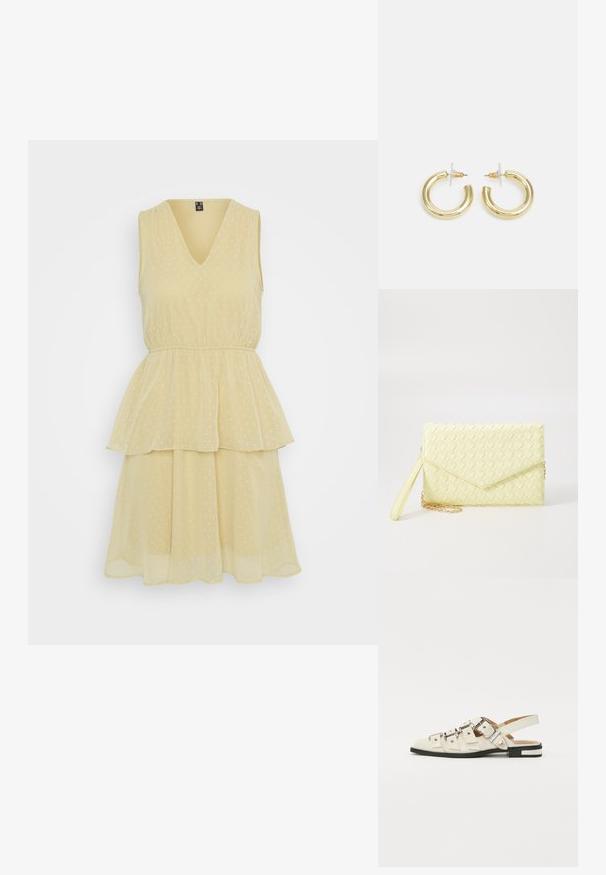 Šviesiai geltonos V-formos iškirptės be rankovių suknelė, turinti sluoksniuotą sijoną ir taškeliais, pagaminta iš lengvos, plazdančios medžiagos.; Balno sandalai, pagaminti iš baltos odos, su keliais plačiais diržais ir sidabro spalvos sagtimis; plokščias padas su mažu juodu kulniuku ir metaliniais akcentais.; Geltona audinė piniginė su užsegimu, nuimamą rankinę juostą ir auksinį akcentą. Lygi tekstūra ir stačiakampis forma.; Aukso auskarai su lygiu, blizgiu paviršiumi. Apvalus dizainas su maža užrakto dalimi ir skaidria atrama saugiam nešiojimui.