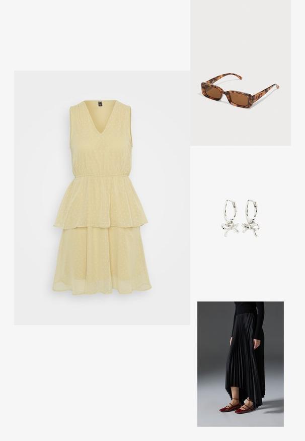 Haljina bez rukava s V-izrezom u svijetložutoj boji, s višeslojnim suknjom i uzorkom točkica, izrađena od lagane, lepršave tkanine.; Crna plisirana suknja s visokim i niskim rubom, uparena s sjajnim crvenim balerinkama s dizajnom trakice. Tkanina ima glatku teksturu.; Naočale u obliku tortoiseshella s pravokutnim smeškim lećama, debelim okvirom i tankim nogicama koje imaju uzorak od različitih nijansi smeđe boje.; Srebrne okrugle naušnice s dizajnom mašne, s glatkom završnom obradom i poliranim teksturama. Kompaktni, minimalistički stil prikladan za različite prilike.