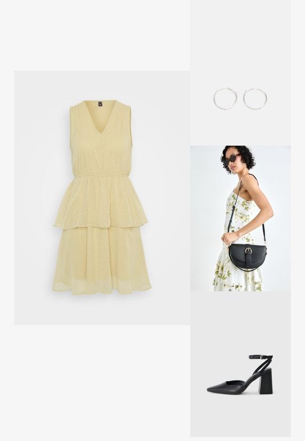 Rochie fără mâneci cu decolteu în V, de culoare galben pal, având o fustă în straturi și un model cu buline, realizată dintr-un material ușor și fluid.; Pantofii cu toc ascuțit din piele neagră, cu breteaua pentru glezne și toc gros. Textură netedă, design elegant și estetică minimală.; Geantă din piele neagră, cu o formă curbată, curea detașabilă și accesorii aurii. Geanta are un capac cu un detaliu tip cataramă.; Cercei din argint cu un design elegant și rotund, având o suprafață netedă și fără embellismente vizibile. Diametrul nu este specificat.