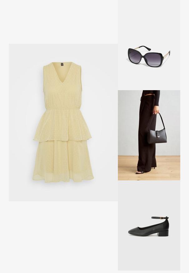 Šaty bez rukávů s výstřihem do V v jemně žluté barvě, s vrstvenou sukní a puntíkovaným vzorem, vyrobené z lehkého, splývavého materiálu.; Černé kožené lodičky s špičatou špičkou a nízkým blokovým podpatkem. Obsahují pásek kolem kotníku se zlatou sponou. Hladký povrch.; Černé oversized sluneční brýle se gradientními skly, silnými rámy a zlatými řetízkovými detaily na nožičkách.; Černá kabelka se strukturovaným tvarem, hladkým povrchem a kovovým uzávěrem. Kombinována s širokými černými kalhotami a sandály s otevřenou špičkou na dřevěné podlaze.