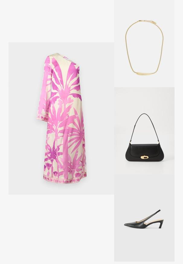 Rozā un krēmkrāsas kleita ar botāniskiem rakstiem. Iezīmē garas piedurknes, V-veida kakla izgriezumu un dekoratīvu apakšmalu ar ziedu motīviem. Gluda auduma tekstūra.; Melna, ar smailu purngalu, slingback kurpe ar zemu papēdi, izgatavota no gludas ādas materiāla un ar izgriezumiem sānos gaisa caurlaidībai.; Melna ādas rokassoma ar izliekta dizaina elementiem, zelta krāsas detaļām un augšējo rokturi. Iezīmējas ar elegantu aizdari un gludu faktūru.; Zelta apšuvuma kaklarota ar gludu, izliekta centrālo akcentu. Iekļauj elastīgu ķēdi ar homaru slēdzeni un papildu regulējamām ķēdes saitēm.