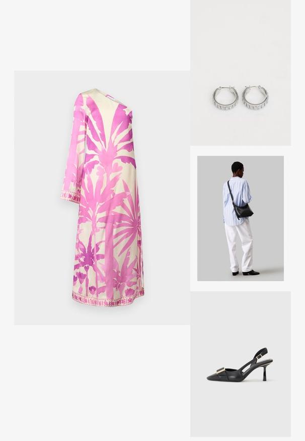 Rochie roz și crem cu un imprimeu botanic. Are mâneci lungi, decolteu în V și un tiv decorativ cu motive florale. Textură de țesătură netedă.; Pantof cu toc slingback din piele neagră, cu vârful ascuțit, toc subțire și accente de hardware în ton de aur pe partea superioară. Textură netedă și design structurat.; Geantă de umăr din piele neagră cu o textură moale, formă triunghiulară și curea ajustabilă, asortată cu o bluză cu dungi albastre deschise și pantaloni albi.; Cercei din argint în formă de cerc cu un design texturat, ce prezintă striții verticale. Formă circulară cu un sistem de închidere sigur. Finisaj neted.