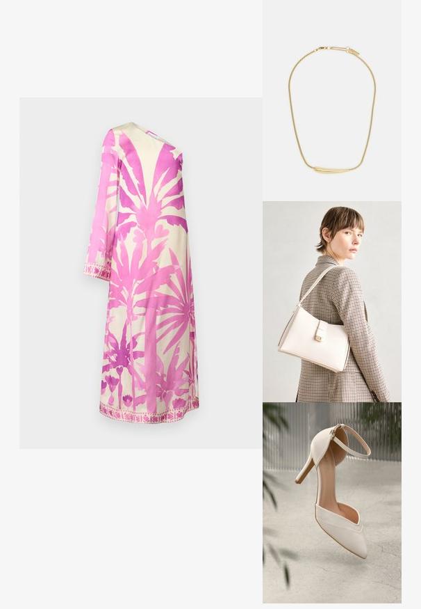 Rozā un krēmkrāsas kleita ar botāniskiem rakstiem. Iezīmē garas piedurknes, V-veida kakla izgriezumu un dekoratīvu apakšmalu ar ziedu motīviem. Gluda auduma tekstūra.; Balta augstpapēžu kurpe gludā materiālā ar smailu purngalu un potītes siksniņu. Iekšpuse ir gaiši brūna, un ir zelta tonī detalizējumi.; Balta ādas rokassoma ar strukturētu dizainu, kurai ir magnētiska aizdare un plecu josta, parādīta uz neitrāla fona.; Zelta apšuvuma kaklarota ar gludu, izliekta centrālo akcentu. Iekļauj elastīgu ķēdi ar homaru slēdzeni un papildu regulējamām ķēdes saitēm.