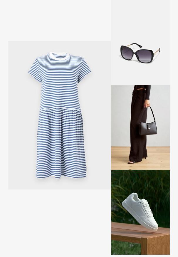 Gestreiftes Kleid in Blau und Weiß, aus weicher Baumwolle, mit Rundhalsausschnitt, kurzen Ärmeln und einem gerafften Rock.; Weiße Sneaker mit einem glatten, synthetischen Obermaterial, perforierter Zehenbox, flachen Schnürsenkeln und einer strukturierten Sohle, präsentiert auf einer Holzoberfläche.; Schwarze übergroße Sonnenbrille mit getönten Gläsern, dicken Rahmen und goldfarbener Kettendetaillierung an den Bügeln.; Schwarze Handtasche mit strukturierter Form, glatter Textur und einem metallischen Verschluss. Kombiniert mit weiten schwarzen Hosen und offenen Sandalen auf einem Holzboden.