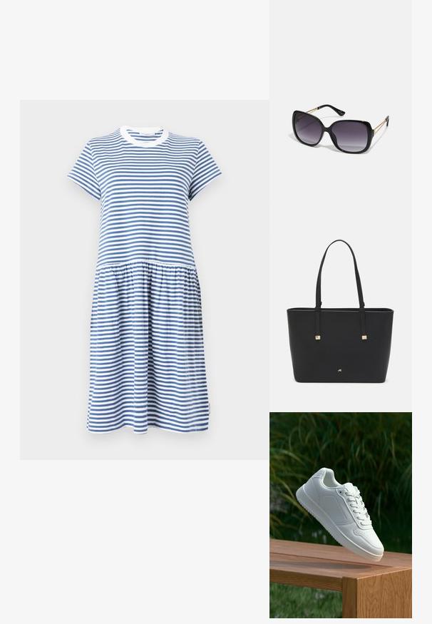 Rinnline sinine ja valge kleit, valmistatud pehmest puuvillast, millel on ümmargune kaelus, lühikesed varrukad ja volangidega seelik.; Valged sneakerd, millel on sile sünteetiline ülemine osa, väikeste aukudega varvaskast, lamedad paelad ja tekstuuriga tald, eksponeeritud puidust pinnal.; Mustad ümarad päikeseglaasid, millel on gradient objektiivid, paksud raamid ja kuldse tooni kettaga kaunistused tempelitel.; Must musträkk, mis on valmistatud sünteetilisest materjalist, lihtsa ristkülikukujulise disainiga, kuldsete ruudukujuliste rõhutustega ja kahe käepidemega.