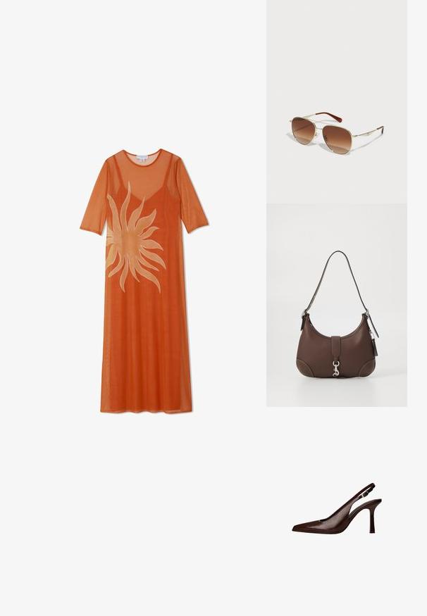 Rochie lungă din plasă portocalie, cu mâneci scurte și decolteu rotund, având un grafic mare cu soare galben pal pe față.; Pantofii slingback din piele maro au vârful ascuțit și tocul subțire. Prezintă o mică cataramă de accent pe curea și un finisaj lucios.; Ochelari de soare cu ramă din metal aurit, dotati cu lentile maro cu degrade. Au o formă geometrică unică și accente maro pe brațe. Design ușor.; Geantă din piele maro cu o formă rotunjită, accesorii din metal argintiu și cusături decorative. Are o curea de umăr și închidere cu clapetă.