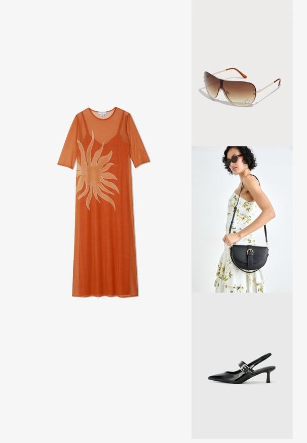 Garšs oranžs sietiņkleita ar īsām piedurknēm un apaļu dekoltē, ar lielu gaiši dzeltenu saules grafiku priekšā.; Melnas lakotas ādas sūkņa kurpes ar norādītu purngali un mazu bloku papēdi, ar sudraba sprādzi akcentā uz jostas.; Brilles ar brūnu gradienta lēcu, metāla rāmi un dekoratīvu zvaigžņu rakstu ar pērlītēm apakšējā labajā lēcā.; Melnas ādas rokassoma ar izliekta formu, noņemamu siksnu un zelta aksesuāriem. Somai ir vāciņš ar sprādzes detaļu.