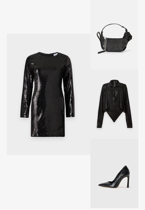 Čierne šaty s flitrami, dlhými rukávmi, okrúhlym výstrihom a zipsom na chrbte. Majú texturovaný povrch s reflexnými flitrami po celom obvode.; Čierny body s dlhými rukávmi, výstrihom do V a priliehavým strihom. Vyrobené z lesklého, hladkého materiálu so štruktúrovaným golierom a manžetami.; Čierna lodička s špicatou špičkou a lakovanou textúrou krokodíla, s elegantným dizajnom, vysokým stiletto podpätkom a hladkým čiernym interiérom.; Čierna kabelka so cvočkovými ozdobami, reťazovou rukoväťou a hladkým koženým držadlom, so zaobleným tvarom a zipsovým oddelením.