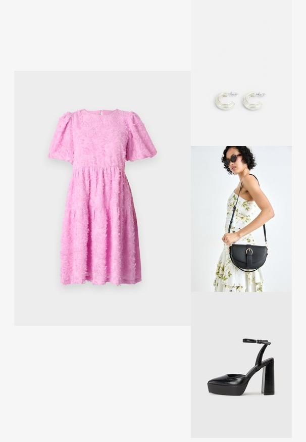 Roza obleka s teksturiranim cvetnim vzorcem, kratkimi napihnjenimi rokavi, okroglo izrezo in večplastnim krilom. Zapiranje z zadrgo na hrbtni strani.; Črne platforme z visokimi petami in koničastim nosom ter nastavljivim gležnjenjskim trakom. Narejene iz gladke usnje, s kockasto peto.; Črna usnjena torbica s ukrivljeno obliko, z odstranljivo naramnico in zlatimi dodatki. Torbica ima pokrov s podrobnostmi v obliki zaponke.; Uhani v srebrni barvi v zasukani obročasti obliki, z natančno teksturirano površino in rebrastimi detajli, ki so zavarovani z zatičem.