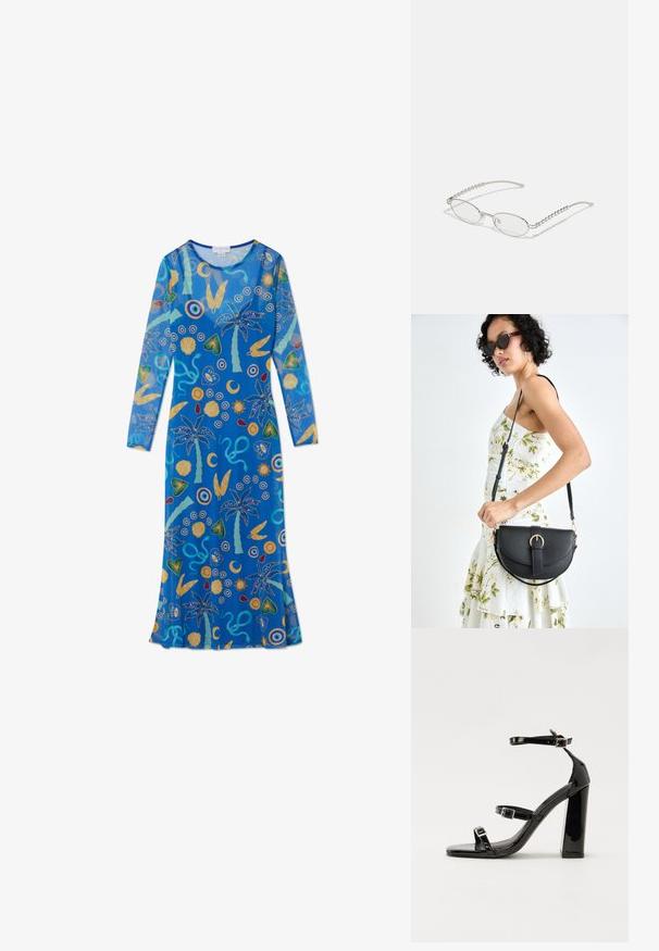 Vestido de manga longa em tecido azul com padrões tropicais e abstratos coloridos, incluindo palmeiras, conchas e formas em amarelo, verde e vermelho.; Sandálias pretas de verniz com salto alto, duas fivelas, biqueira quadrada e salto largo, apresentando uma textura lisa e brilhante.; Óculos ovais com uma armação metálica prateada, lentes transparentes e detalhes texturizados em contas nas hastes. Design leve com braços curvos.; Bolsa de couro preta com forma curva, alça destacável e detalhes em dourado. A bolsa possui uma aba com detalhe de fivela.