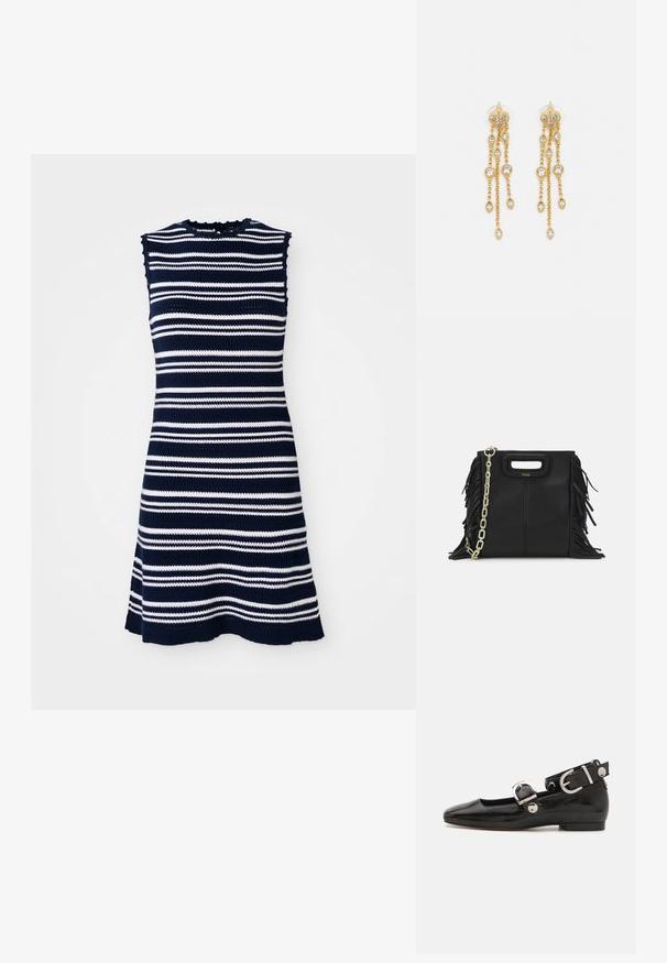 Sukienka bez rękawów z dzianiny w pasiasty wzór w kolorze granatowym i białym, z falbaniastym dekoltem i rozkloszowanym dołem.; Czarne lakierowane baleriny z kwadratowym noskiem, z paskiem na kostkę z metalowymi elementami w kolorze srebrnym oraz płaską podeszwą. Gładka textura i minimalistyczny design.; Czarna skórzana torebka na ramię z frędzlami, złotym łańcuszkiem oraz wyciętym uchwytem. Posiada umieszczone na przodzie logo.; Złote kolczyki z wieloma kaskadowymi łańcuszkami, z przezroczystymi owalnymi akcentami z rhinestone'ów oraz ozdobnymi sztyftami.