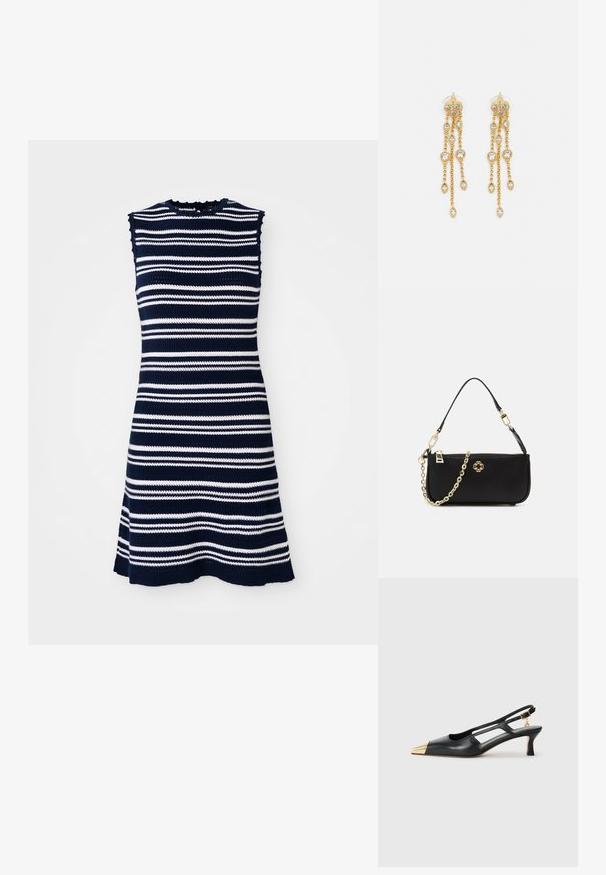 Abito in maglia senza maniche con righe orizzontali blu navy e bianche, scollo a scallop e design dell'orlo svasato.; Scarpe slingback in pelle nera con punta affusolata e tacco metallico dorato. Presentano un design con ritagli e un tacco sottile con cinturino regolabile.; Borsa nera con una texture liscia, dotata di una tracolla in catena dorata, chiusura con zip e un'emblema decorativo dorato sul davanti.; Orecchini dorati con molteplici catene a cascata, dotati di accenti in strass ovali trasparenti e parte superiore decorativa a perno.