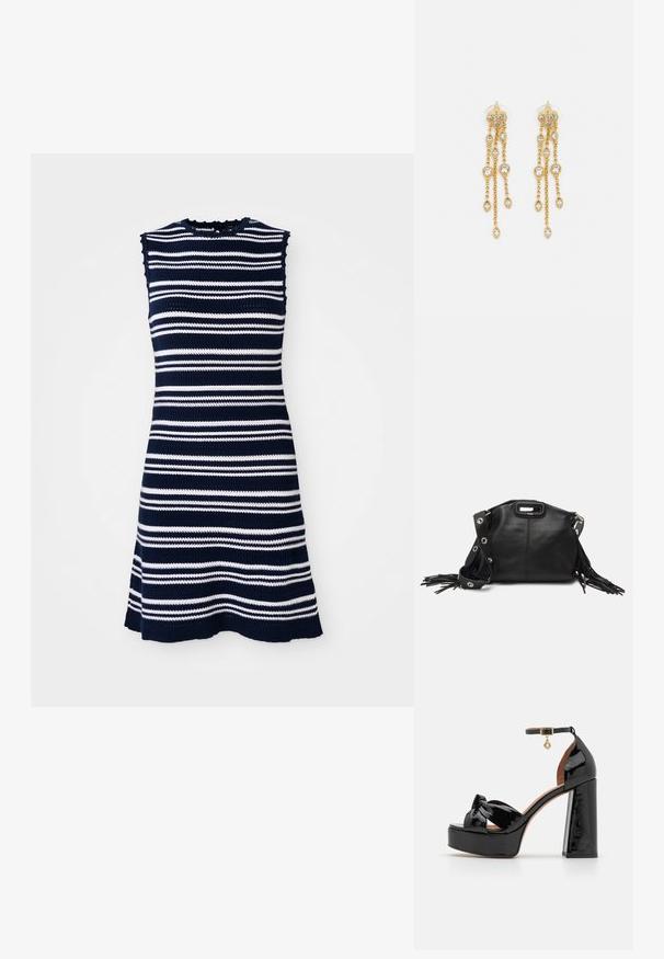 Ujjatlan kötött ruha tengerészkék és fehér vízszintes csíkokkal, fodros dekoltázzsal és bővülő szegéllyel.; Maje Magas sarkú szandálok - noir; Maje MISS MINI - Keresztpántos táska - noir; Aranyszínű fülbevalók, több zuhanó lánccal, tiszta ovális strasszköves díszítéssel és dekoratív fülbevaló tetejével.