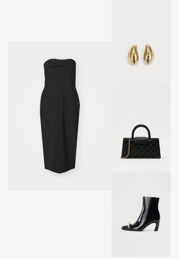 Černé bezramínkové šaty s přiléhavým korzetem, plisovanými detaily a rovného střihu. Vyrobené z hladkého materiálu bez viditelných vzorů nebo akcentů.; Černé kotníkové boty vyrobené z lesklé kůže, s špičatou špičkou a dekorativním zlatým a stříbrným akcentem na přední straně. Design s blokovým podpatkem.; Černá kabelka vyrobená z texturované kůže se vzorem diamantů, zlatě tónovaný řetízek, a horní rukojeť s klopou opatřenou embosovaným logem.; Náušnice ve zlatém tónu s plynulým, zakřiveným designem. Každá náušnice má hladký povrch a malý uzávěr s ozdobným detailem.