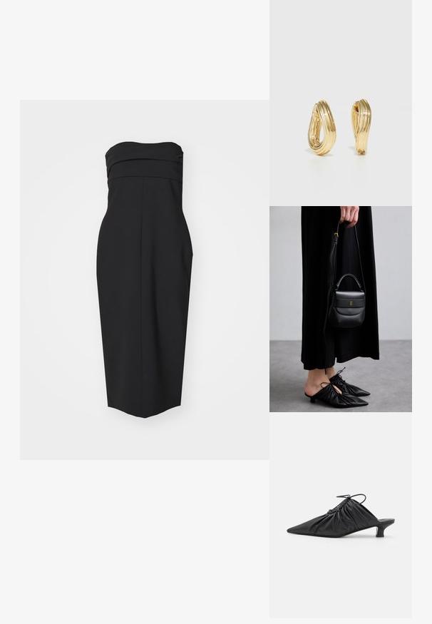 Musta olkaimeton mekko, jossa on tiukka vartalo-osa, poimutettu yksityiskohta ja suora leikkaus. Valmistettu sileästä kankaasta, jossa ei ole näkyviä kuvioita tai koristeita.; Mustat nahkaiset liukukengät teräväkärkisillä, kerätyillä yksityiskohdilla ja pienellä kissan korolla. Avauksessa on narukiinnitys.; Pieni musta nahkabag, jonka muoto on pyöreä, yläkahva ja irrotettava olkahihna. Yhdistetty mustan kankaan mekkoon ja mustiin plissee-kenkään.; Korvakorut, joissa on kulta sävyinen rengas ja kierrätetty muotoilu, jossa on uurteinen pinta ja sileä viimeistely. Kevyt ja ontto rakenne.