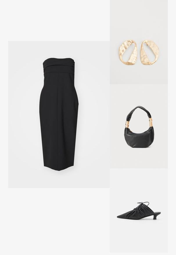 Čierne šaty bez ramienok so priliehavou korzetovou časťou, skladanými detailmi a rovnými strihom. Vyrobené z hladkej látky bez viditeľných vzorov alebo akcentov.; Čierne kožené slip-on mule s špicatou špičkou, zberanou textúrou a malým podpätkom. Obsahuje šnúrovací detail na otvorení.; Čierna kožená kabelka s guľatým tvarom, príjemnou textúrou a uzlíkovou rukoväťou s akcentmi zlatého tónu. Zipsové uzatvorenie.; Pár nepravidelných oválnych zlatistých kovových náušníc s textúrovaným, mierne rozbitým povrchom na bielom pozadí.