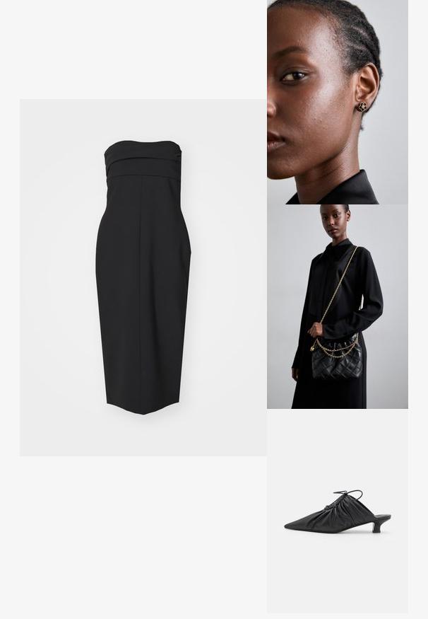 Musta olkaimeton mekko, jossa on tiukka vartalo-osa, poimutettu yksityiskohta ja suora leikkaus. Valmistettu sileästä kankaasta, jossa ei ole näkyviä kuvioita tai koristeita.; Mustat nahkaiset liukukengät teräväkärkisillä, kerätyillä yksityiskohdilla ja pienellä kissan korolla. Avauksessa on narukiinnitys.; Mustakvadratisti nahkakäsine, jossa on kerätty yläosa, kultaketjuolkaimet ja suorakaiteen muotoinen rakenne, pidettyä yksinkertaista taustaa vasten.; Kultaiset kukkakorvakorut, joissa on teksturoitu musta keskus ja hienovaraiset yksityiskohdat. Mallin kirkas iho ja punotut hiukset näkyvät sivuprofiilissa.