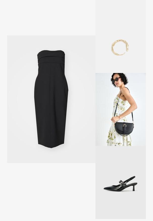 Črna brez naramnic obleka s prilegajočim bodicem, nabori in ravnim krojem. Narejena iz gladkega materiala brez vidnih vzorcev ali poudarkov.; Črne patent usnjene slingback pete s koničastim nosom in majhnim blok peto, ki vključujejo srebrno zaponko na traku.; Črna usnjena torbica s ukrivljeno obliko, z odstranljivo naramnico in zlatimi dodatki. Torbica ima pokrov s podrobnostmi v obliki zaponke.; Zlati prstan s organskim, zvitim dizajnom, gladko površino in taperiranimi konci, ki ustvarja modernega, skulpturalnega videza.