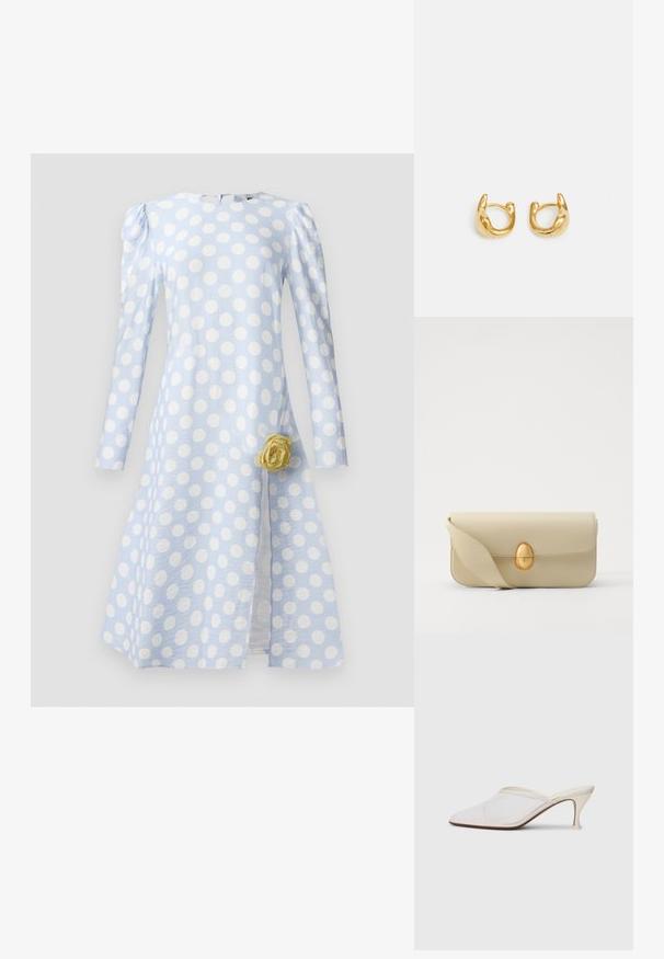 Jasnoniebieska sukienka z dużymi białymi kropkami, długimi rękawami, teksturowanym materiałem oraz akcentem w postaci żółtej róży w talii.; Białe melanżowe mule z ostro zakończonym noskiem, o smukłym średnim obcasie i wsuwanej konstrukcji na jednolitym tle.; Beżowa skórzana torebka o gładkiej fakturze, prostokątnym kształcie i złotym, owalnym zapięciu. Posiada długi, regulowany pasek.; Złote kolczyki w kształcie hoop charakteryzujące się gładkim, zaokrąglonym wzornictwem z połyskliwym wykończeniem. Kolczyki mają kompaktowy, masywny kształt oraz bezszwowy zamek.