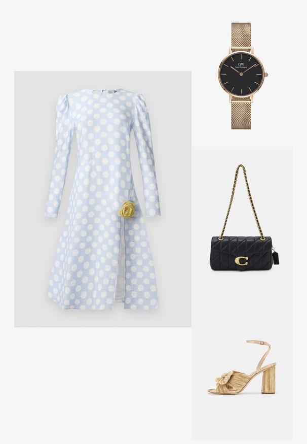 Vaaleansininen mekko, jossa on suuret valkoiset pilkut, pitkät hihat, teksturoitu kangas ja keltainen ruusuaksentti vyötäröllä.; Kultaiset korot sandaalit, joissa on solmittu etuosa, laskostettu pinta ja nilkkaremmi. Paksu korko on uritettu, mikä parantaa pitoa.; Mustat vuoratut käsilaukku kultaketjuhihnalla, jossa on erottuva kultainen solki ja pieni tarkkuustagi, ja joka esittelee tekstuurillista nahkapintaa.; Kultakuvioinen rannekello Daniel Wellingtonilta, jossa on pyöreä musta kellotaulu, kultaiset tuntimerkit ja logo kello kaksitoista. Yksinkertainen, tyylikäs muotoilu.
